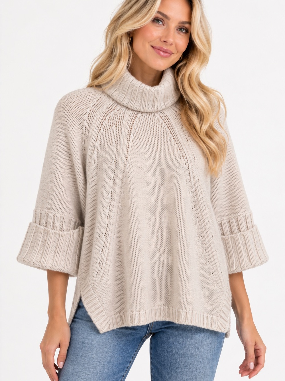 Chunky Turtleneck Poncho Sweater in Light Beige